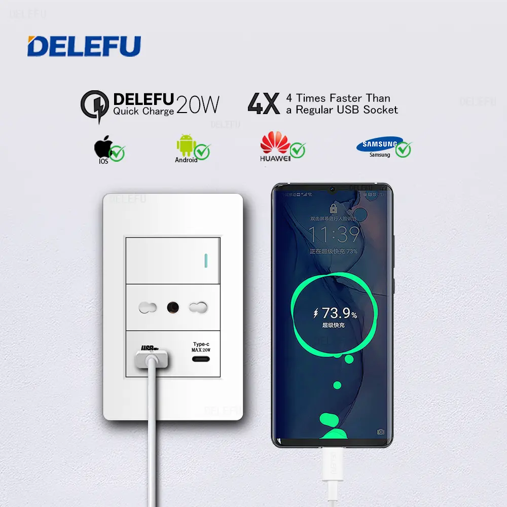 DELEFU White Retardant PC Italy USB TypeC Fast Charging Wall Socket Schuko Tuya Wifi Smart Switch Sat TV Tel Doorbell Chile