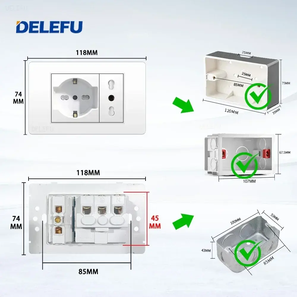 DELEFU White Retardant PC Italy USB TypeC Fast Charging Wall Socket Schuko Tuya Wifi Smart Switch Sat TV Tel Doorbell Chile