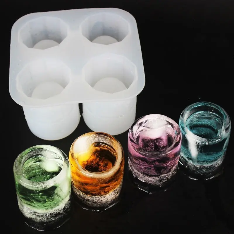 Silicone Ice Cube Mold Four Hole Press Ice Block Maker Creative Round Cup Shape Ice Molds for Whiskey Beer Bar Kitchen Tools