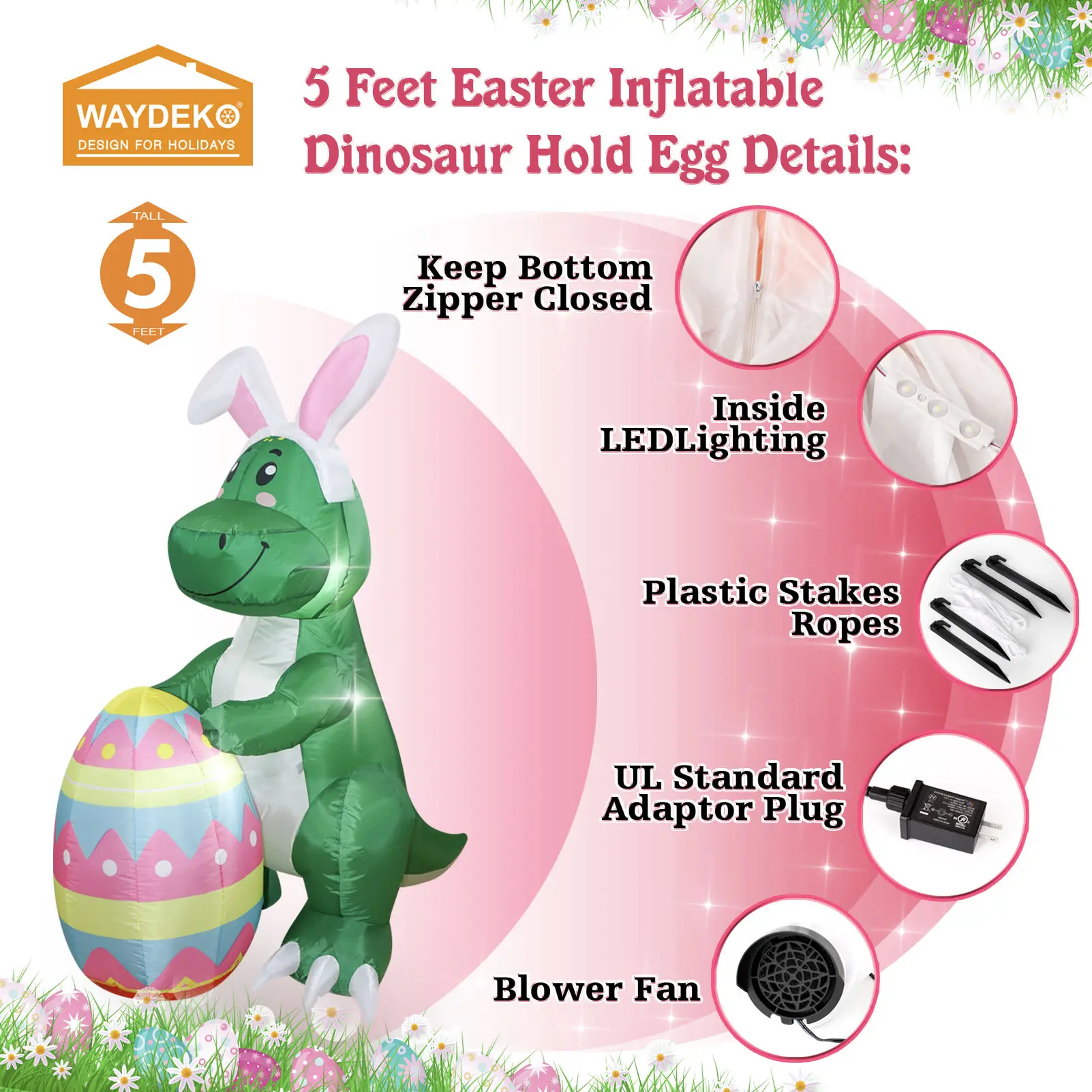 Easter Inflatable Dinosaur Cute Decor for Holiday Party Easter Bunny Holds Egg Easter Chick sits on Egg, Chick Hold Easter Egg
