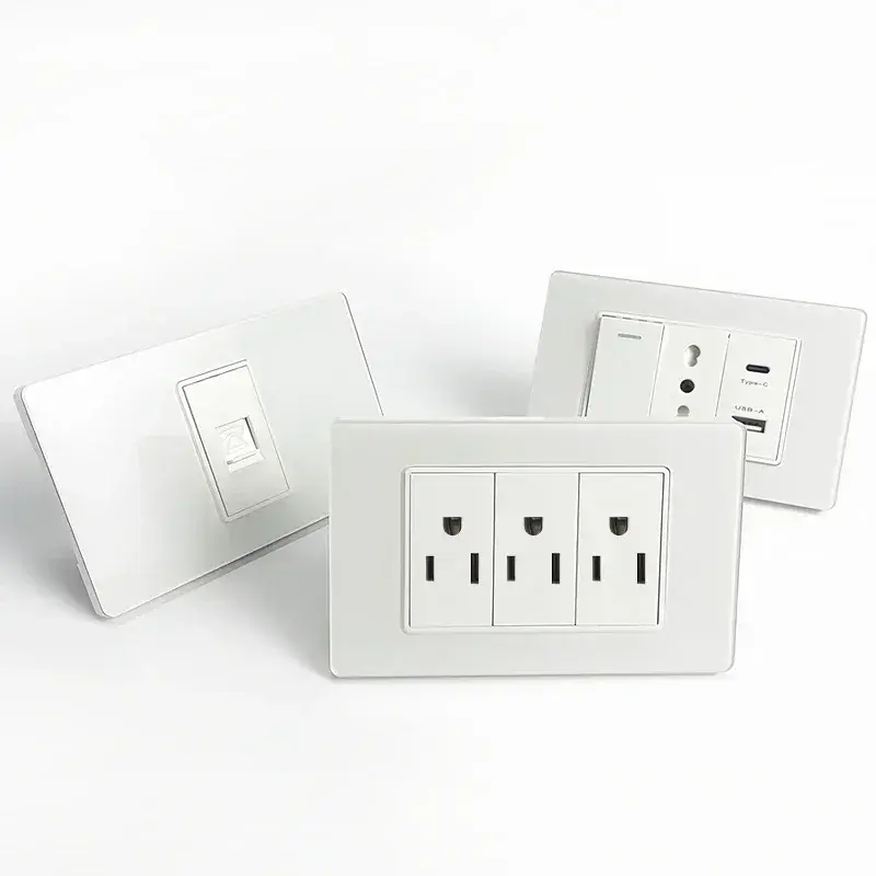 Dual USB-C Fast ChargingUS Wall Socket - 5V/3A Type-C Ports & AC Outlet in Tempered Glass Panel for 110V