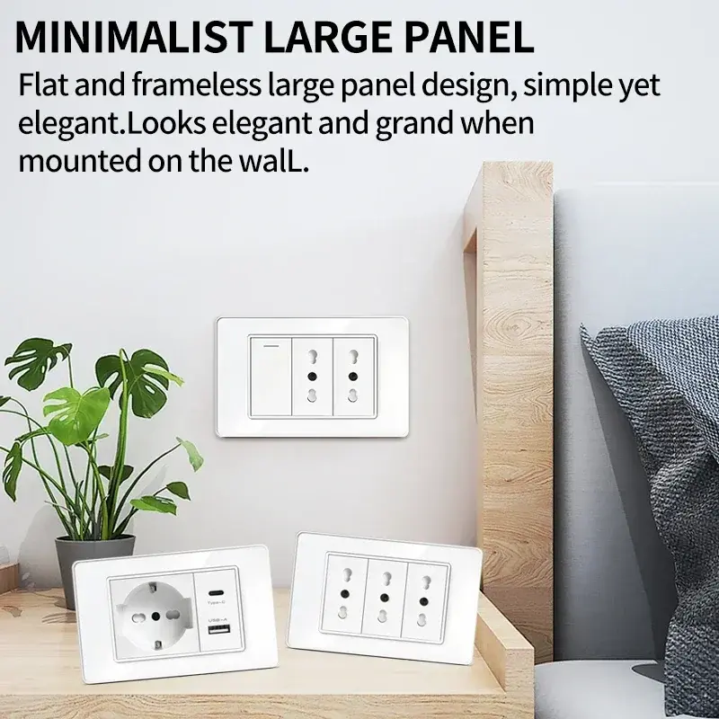118x75mm USB TypeC Fast Charging Wall Socket Schuko Wifi Smart Switch Sat TV Tel,BlackTempered Glass Panel for Home  Italy&Chile
