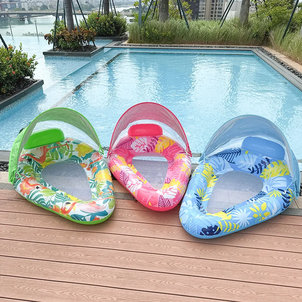 1PC Teardrop Shape Inflatable Lounger with Removable Sun Canopy - Adult Leaf Shaped Mesh Lounger Summer Beach Floating Bed