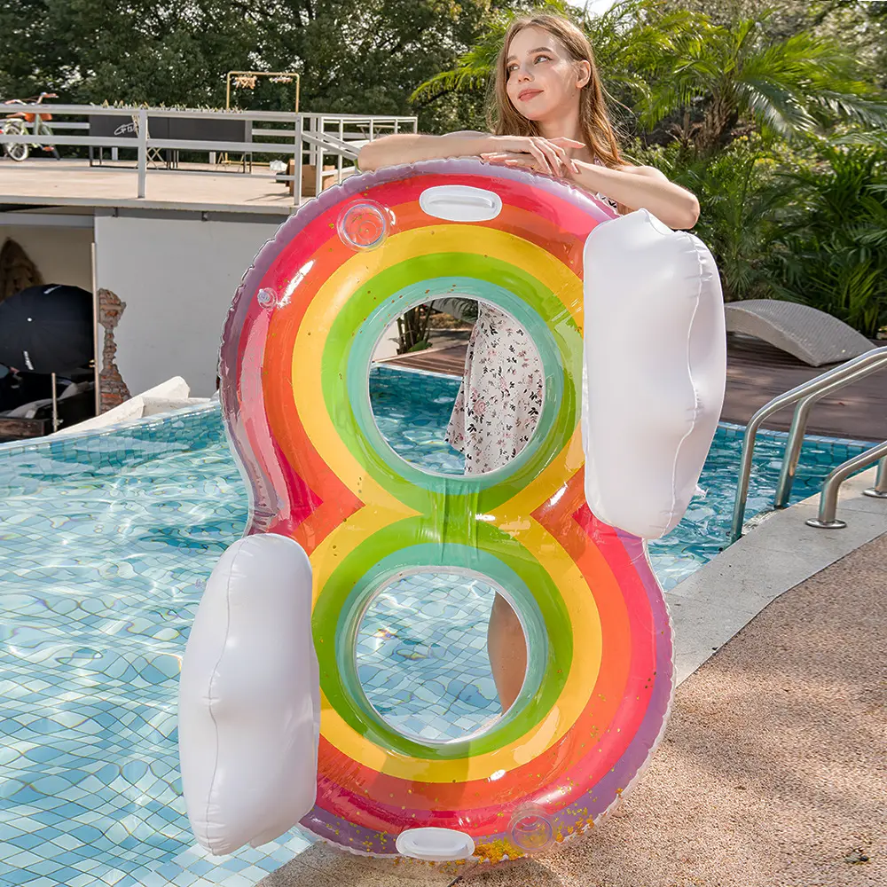 Rainbow Double Inflatable Swim Ring with Glitter–Colorful PVC Pool Float for Adults Summer Water Fun Beach & Pool Party Lounger