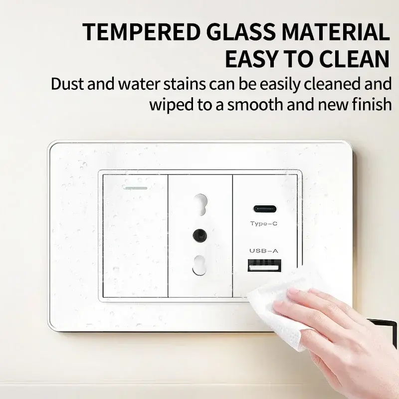 118x75mm USB TypeC Fast Charging Wall Socket Schuko Wifi Smart Switch Sat TV Tel,BlackTempered Glass Panel for Home  Italy&Chile