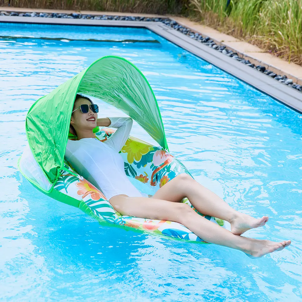 1PC Teardrop Shape Inflatable Lounger with Removable Sun Canopy - Adult Leaf Shaped Mesh Lounger Summer Beach Floating Bed