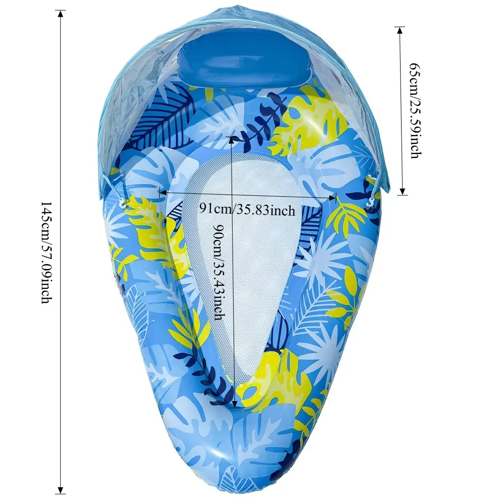 1PC Teardrop Shape Inflatable Lounger with Removable Sun Canopy - Adult Leaf Shaped Mesh Lounger Summer Beach Floating Bed