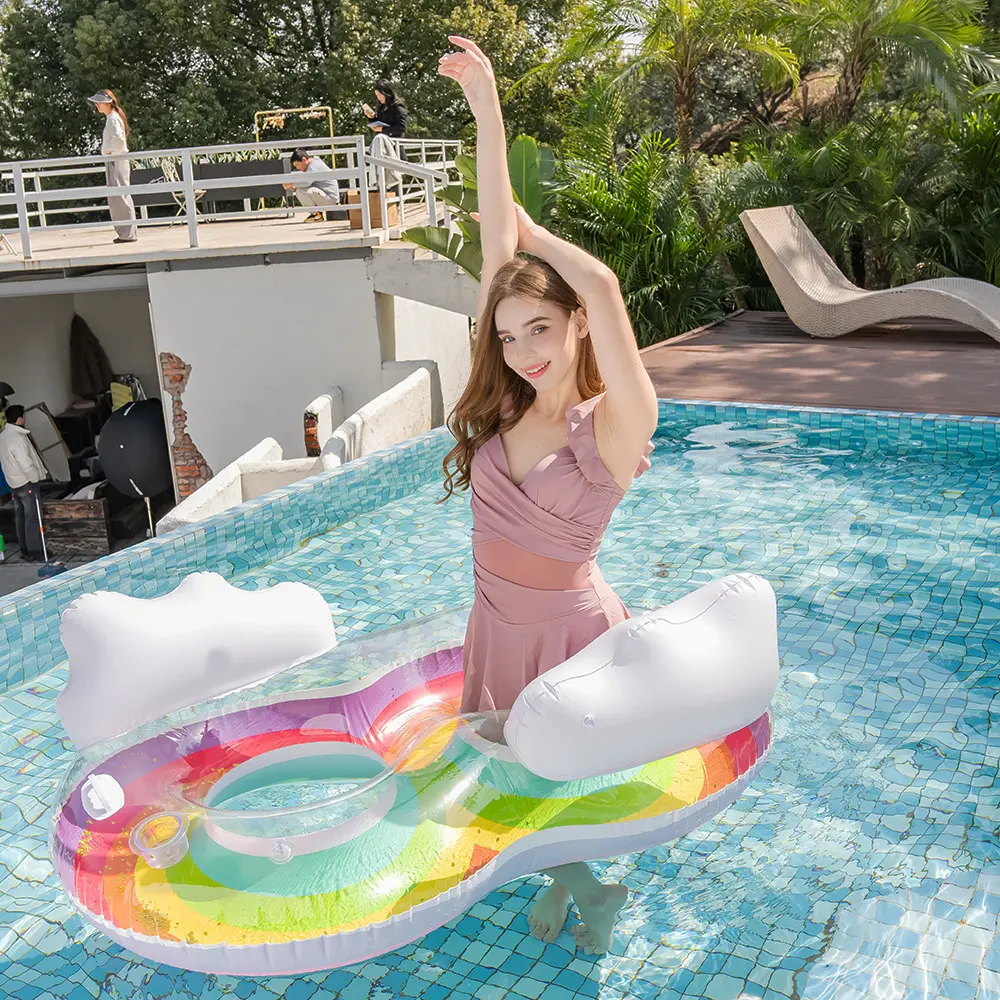 Rainbow Double Inflatable Swim Ring with Glitter–Colorful PVC Pool Float for Adults Summer Water Fun Beach & Pool Party Lounger