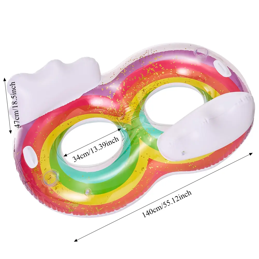 Rainbow Double Inflatable Swim Ring with Glitter–Colorful PVC Pool Float for Adults Summer Water Fun Beach & Pool Party Lounger