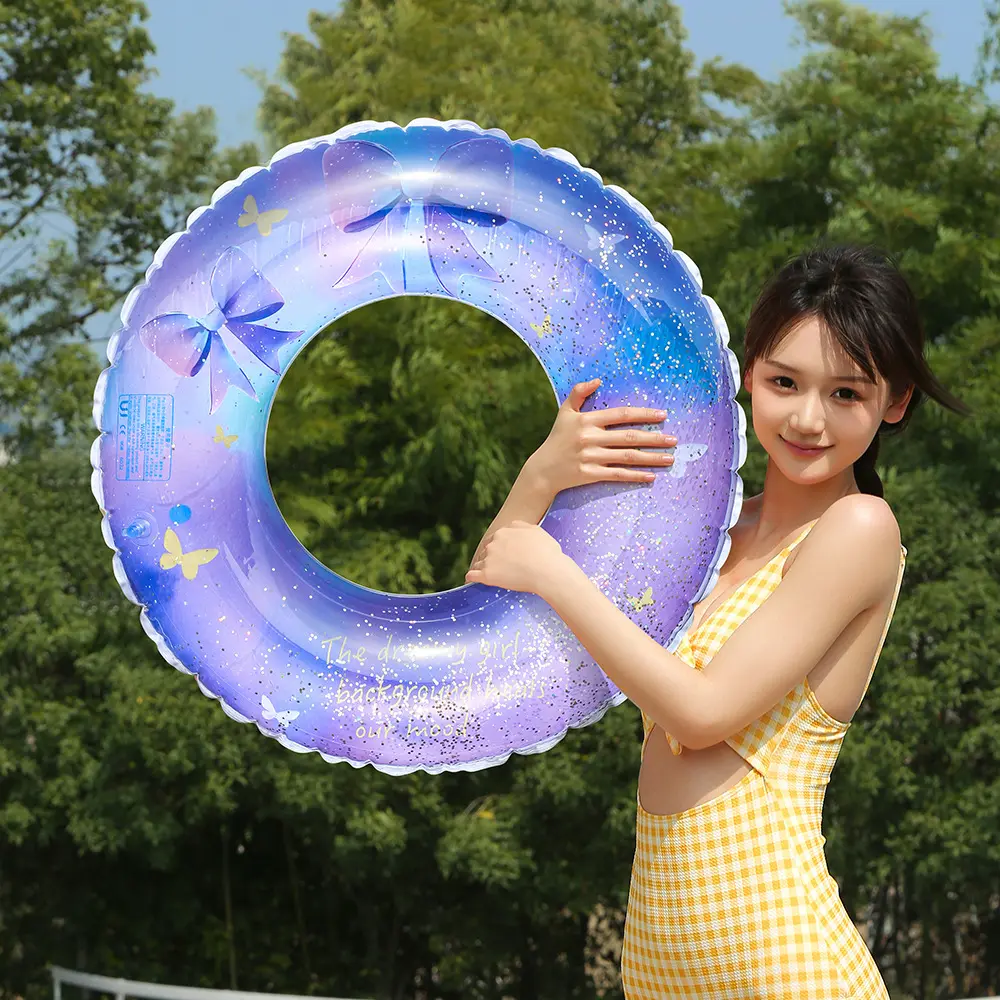 Sequin Inflatable Swim Ring - Gradient Butterfly Print Pool Float for Adults and Teens, Cute Summer Beach Pool Swim Ring