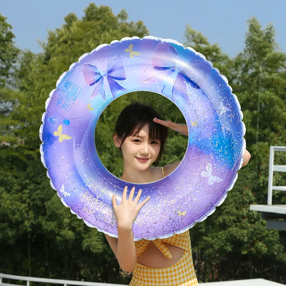 Sequin Inflatable Swim Ring - Gradient Butterfly Print Pool Float for Adults and Teens, Cute Summer Beach Pool Swim Ring
