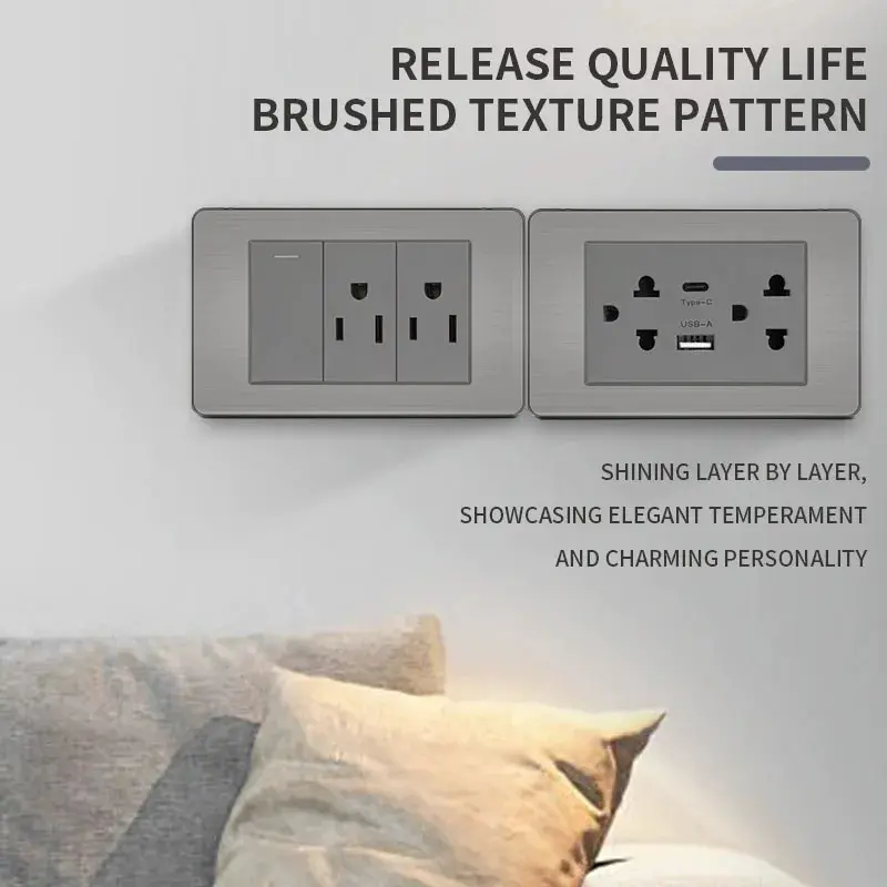 , US Switch, Thai Plug for Home & Office Use 118 Premium Stainless Steel Brushed Wall Socket with USB Type - C