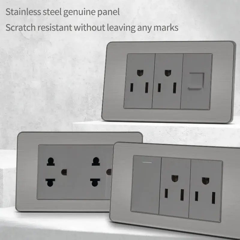 , US Switch, Thai Plug for Home & Office Use 118 Premium Stainless Steel Brushed Wall Socket with USB Type - C