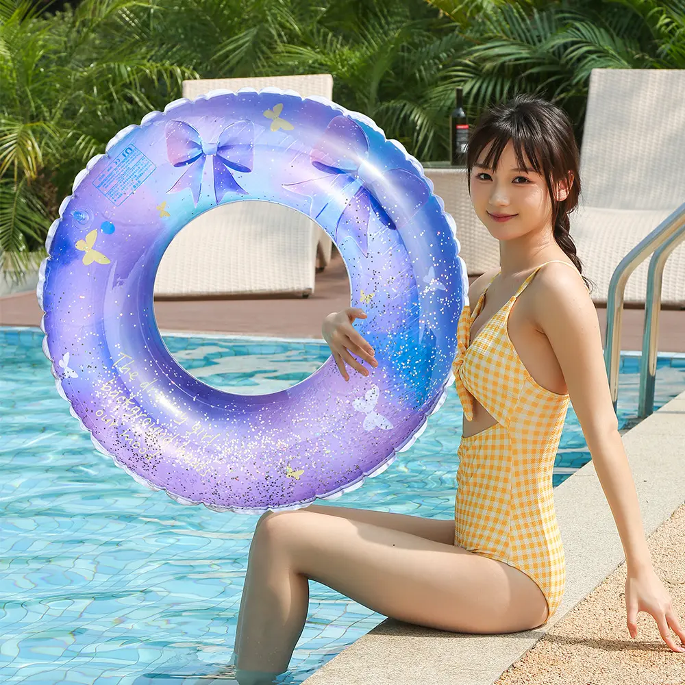 Sequin Inflatable Swim Ring - Gradient Butterfly Print Pool Float for Adults and Teens, Cute Summer Beach Pool Swim Ring