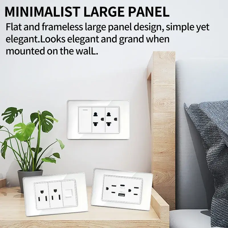 T&I 118*75mm Tempered Glass US Wall Socket Thai USB Socket Plug with Dual USB Type-C Ports,Light Switch 110V