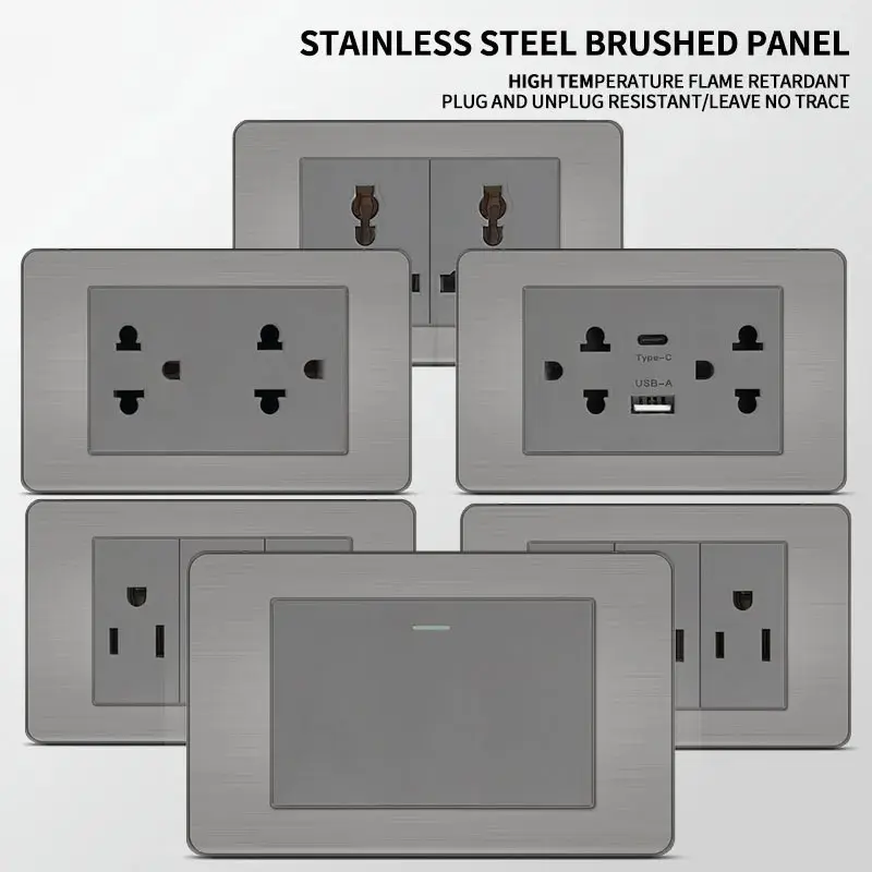 118*75mm Premium Stainless Steel Brushed US Wall Socket Grey Thai US Socket Plug with Dual USB Type-C Ports,Light Switch