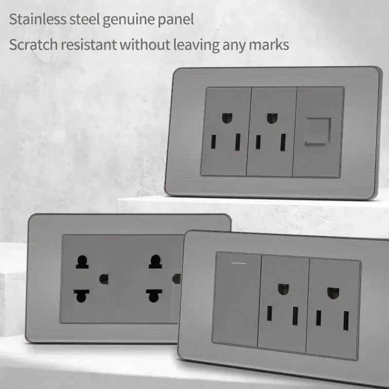 118*75mm Premium Stainless Steel Brushed US Wall Socket Thai USB Socket Plug with Dual USB Type-C Ports,Light Switch Grey panel