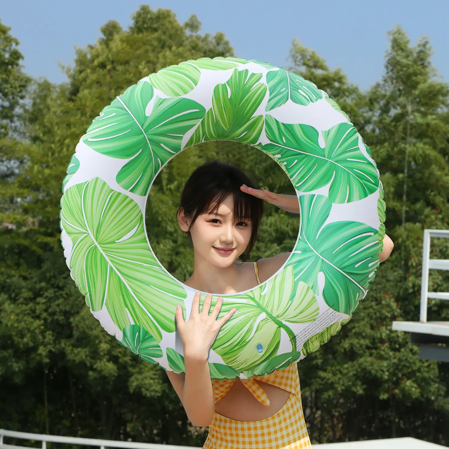 Inflatable Swim Ring for Adults - Simple Leaf Pattern Design PVC Pool Float, Stylish Water Ring for Beach, Lake and Summer Fun