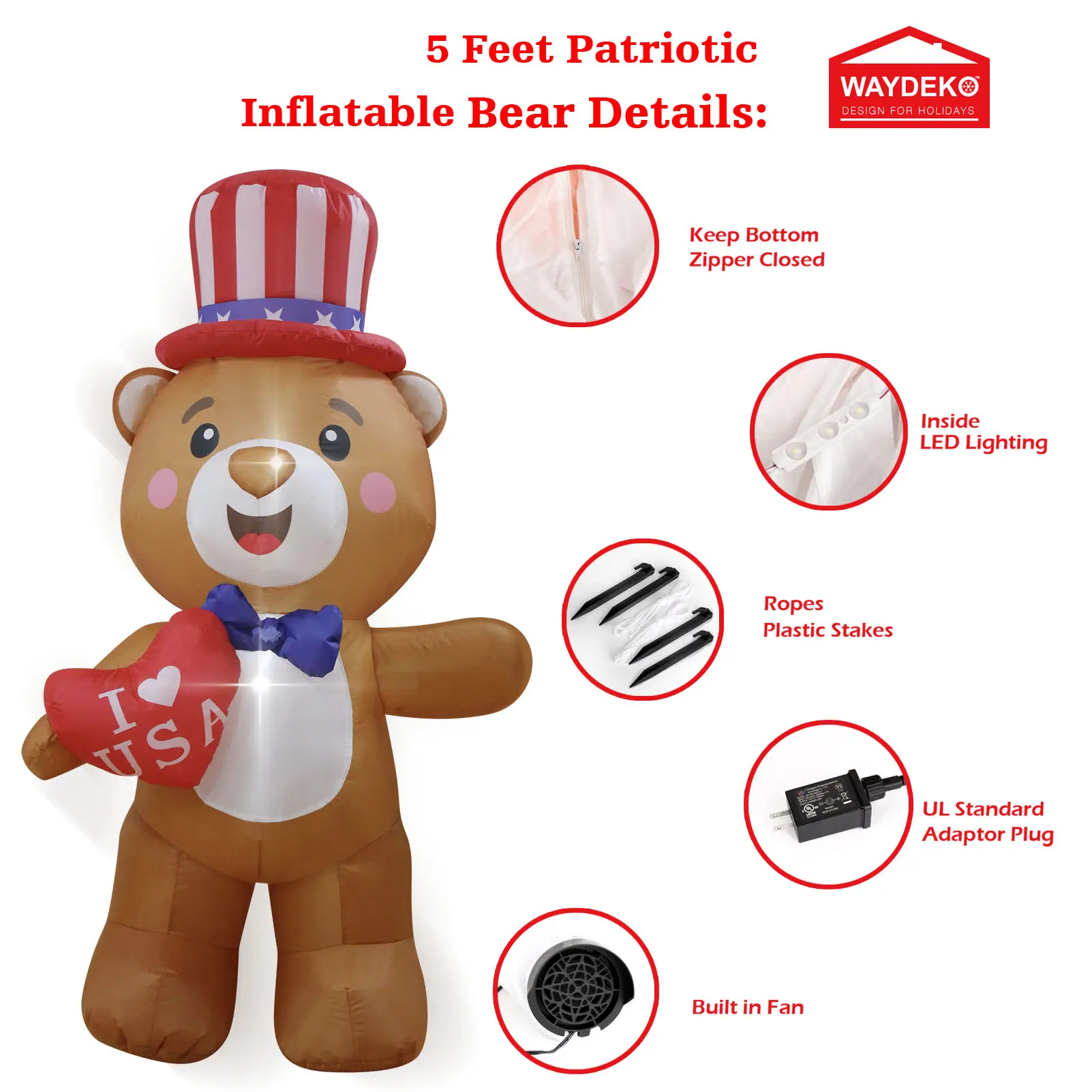 Patriotic Inflatable Independence Day 4th of July Bear/Dinosaur/Nutcracker Blow Up Holiday Party Garden Yard Lawn Outdoor Decor
