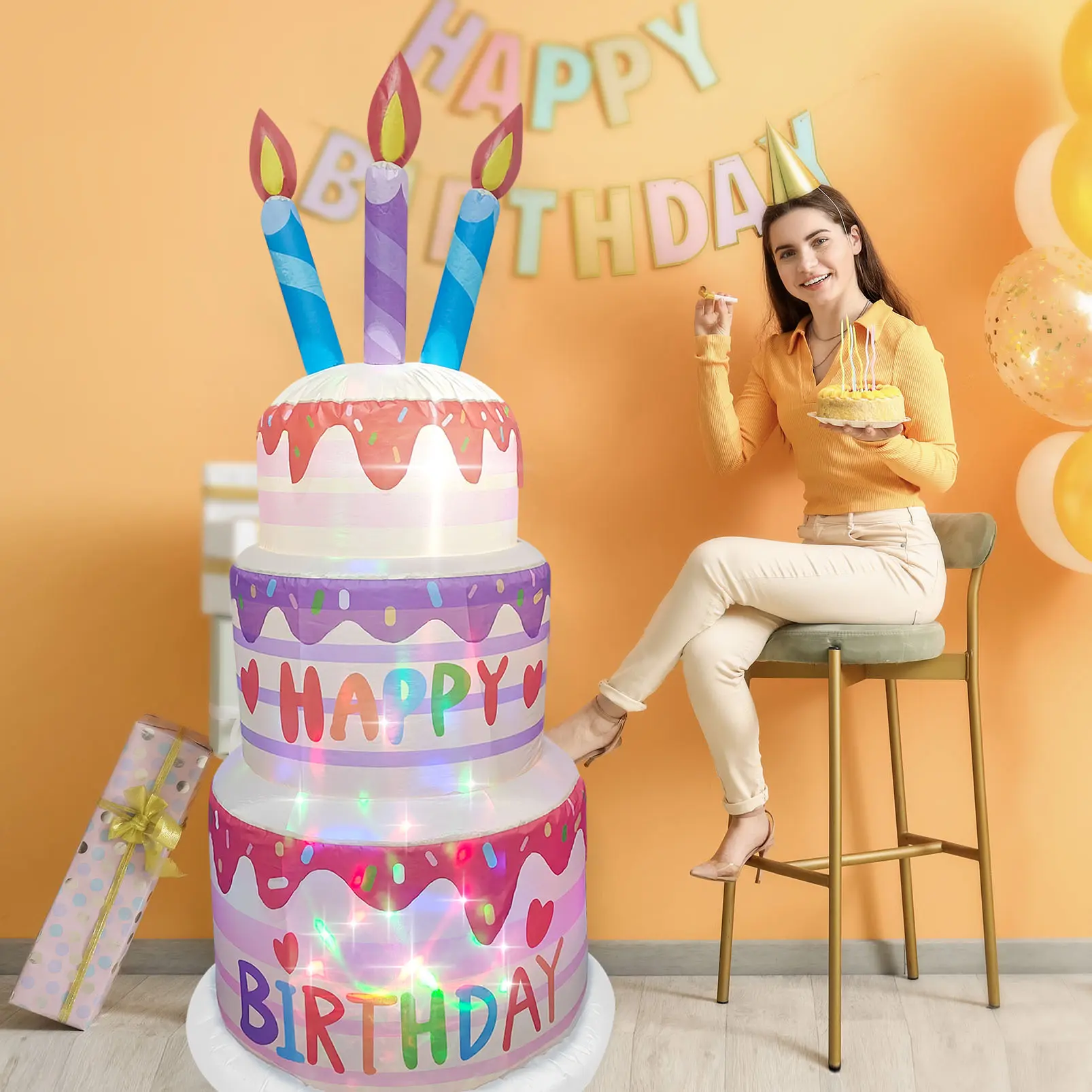 Inflatable Birthday Cake Decorations, Birthday Cake Blow up Decorations for Birthday Party Home Celebration Decoration 6 Ft Tall
