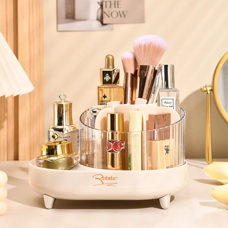 Rotating Makeup Organizer Box – 360° Spinning Cosmetic Storage Case with Compartments for Vanity, Dresser, or Bathroom