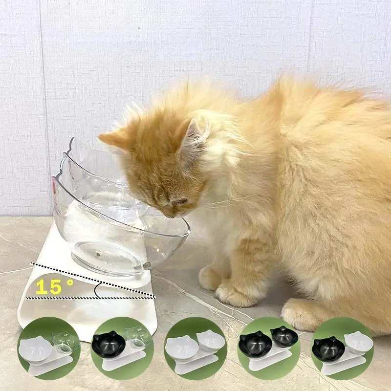 1PC Cat bowl neck protection oblique mouth non-slip transparent double bowl integrated drinking water feeding bowl pet supplies