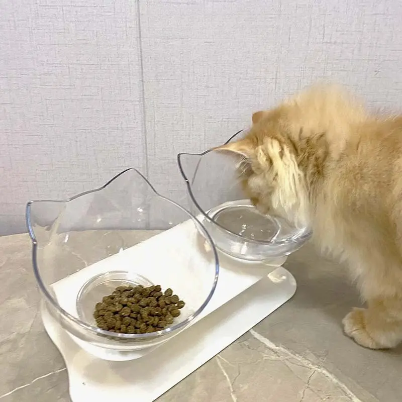 1PC Cat bowl neck protection oblique mouth non-slip transparent double bowl integrated drinking water feeding bowl pet supplies