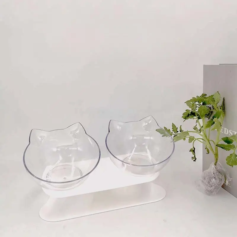 1PC Cat bowl neck protection oblique mouth non-slip transparent double bowl integrated drinking water feeding bowl pet supplies