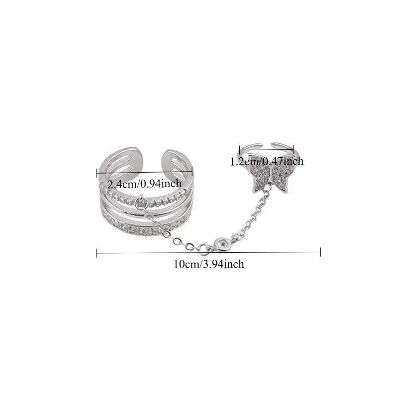 1PC Cold and Stylish High End One Piece Ring with Female Niche Design Integrated Light Luxury Butterfly Chain with Double Rings