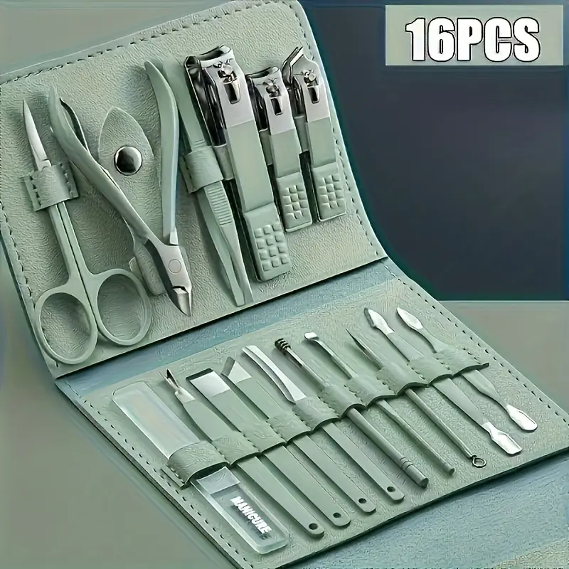16PCS Stainless Steel Manicure Tool Set, Including Straight-edge Nail File, Ear Spoon and Scissors Modern Style Professional Set