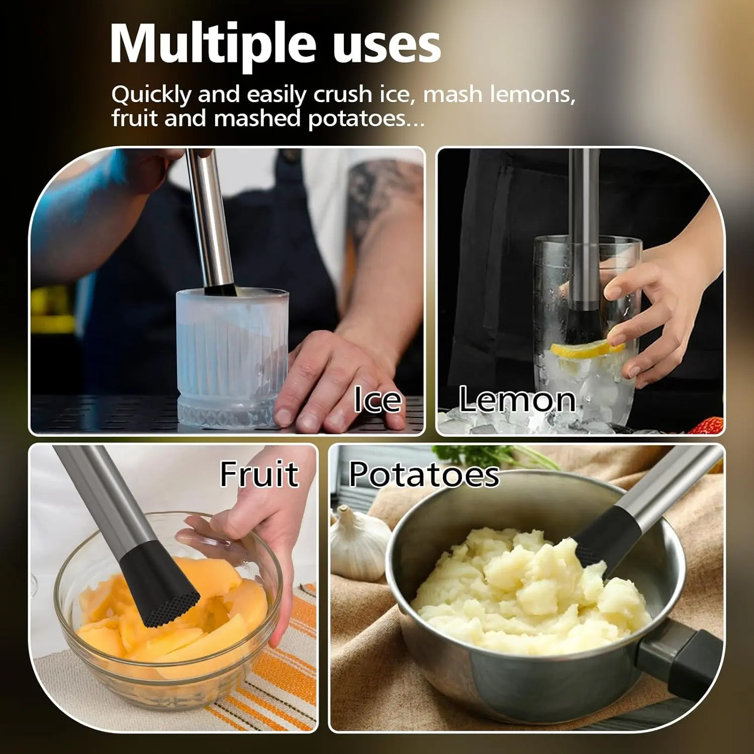 21CM Stainless Steel Cocktail Muddler Bartender Tool Lemon Smasher Ice Crusher for Mojitos Fruit Drinks Home Kitchen Bar Use