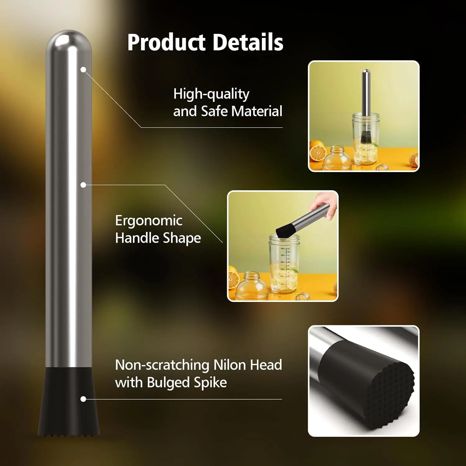 21CM Stainless Steel Cocktail Muddler Bartender Tool Lemon Smasher Ice Crusher for Mojitos Fruit Drinks Home Kitchen Bar Use