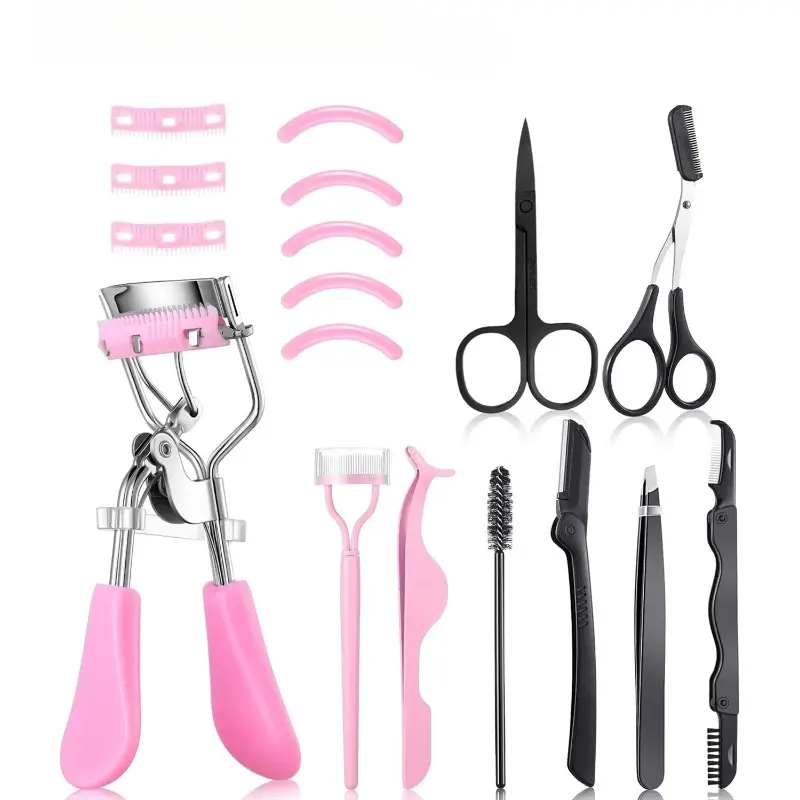 Multifunctional Eyelash Curler and Eyebrow Brush Tool Set Foldable Double Headed Lash Comb Steel Tweezers Eye Makeup Beauty Set