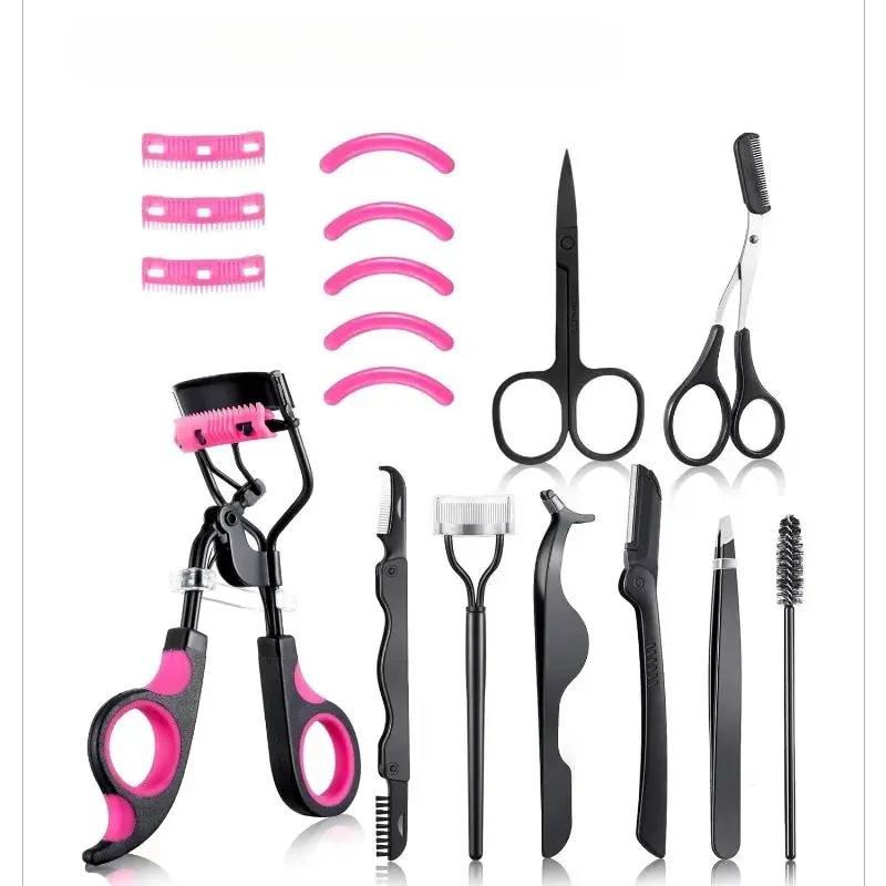 Multifunctional Eyelash Curler and Eyebrow Brush Tool Set Foldable Double Headed Lash Comb Steel Tweezers Eye Makeup Beauty Set