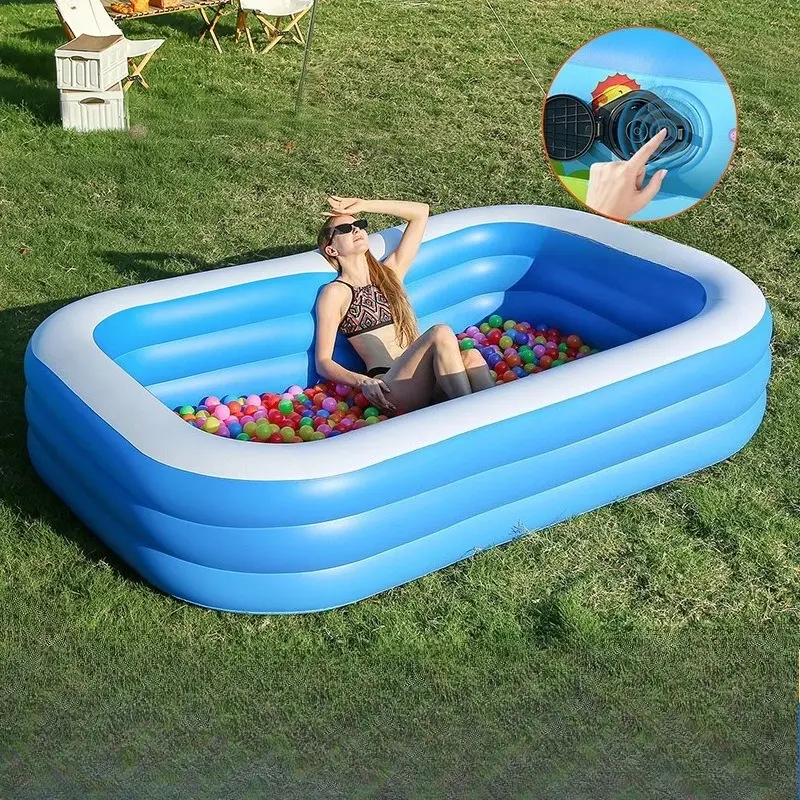 Blue & White Inflatable Pool for Adults–Large Family-Size PVC Swimming Pool for Backyard Garden Patio & Outdoor Summer Water Fun
