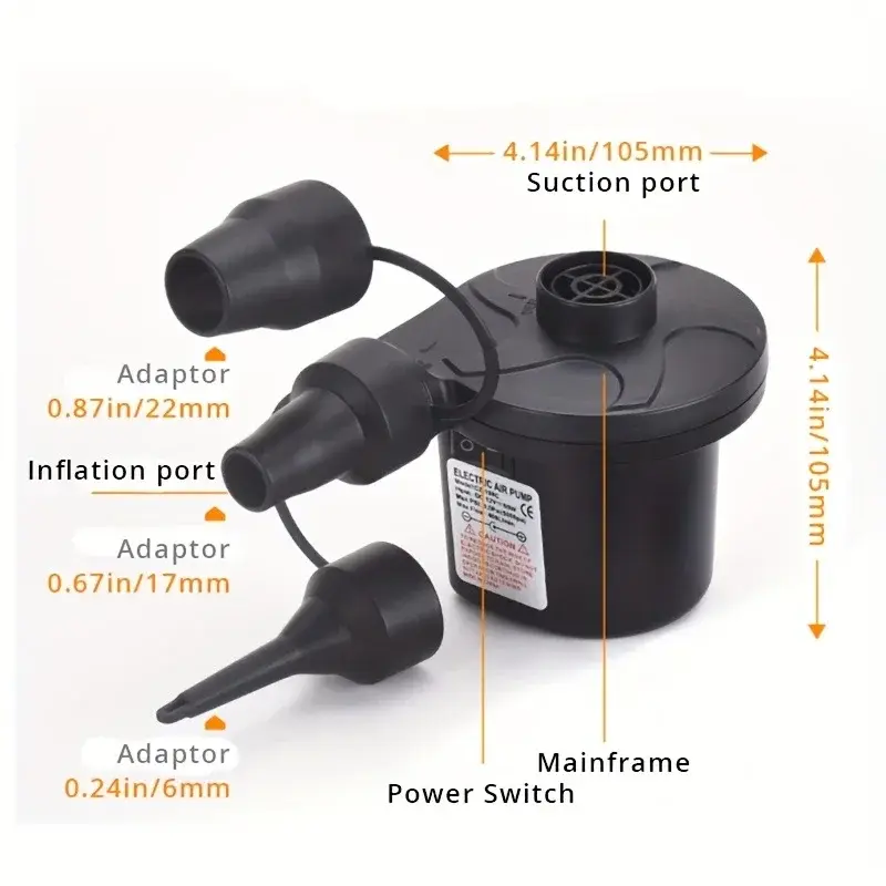 Portable electric air pump with multiple nozzles for quick and easy inflation of air mattresses, pool rafts and inflatable toys