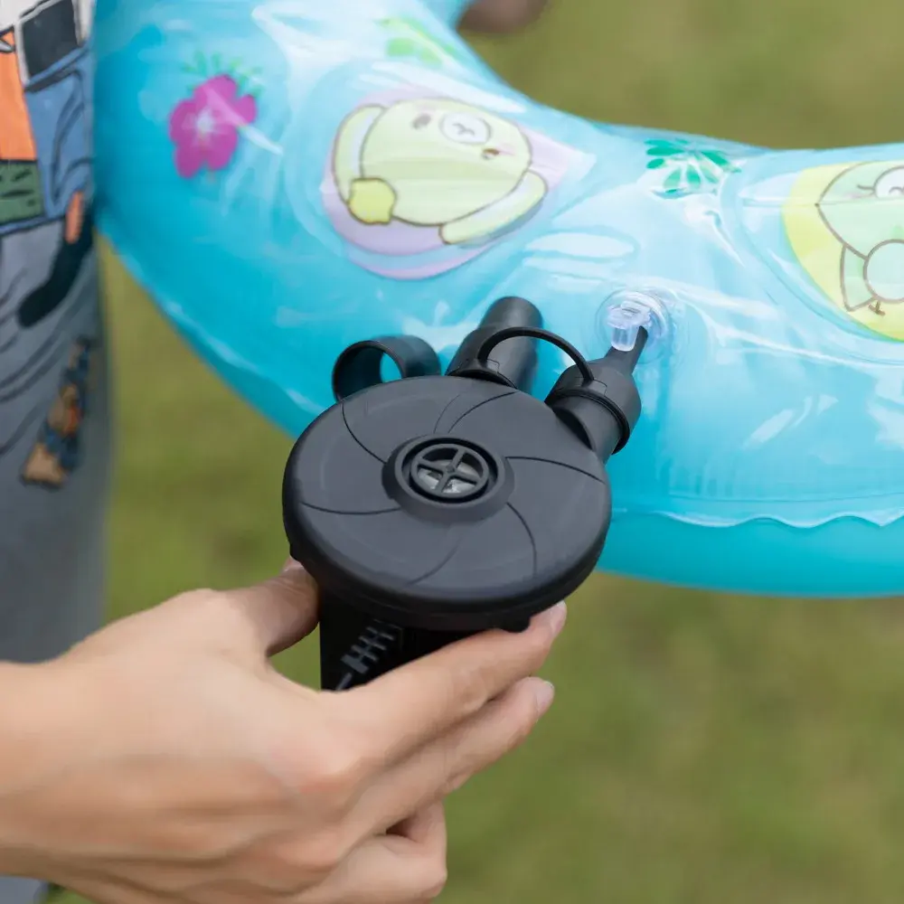 Portable electric air pump with multiple nozzles for quick and easy inflation of air mattresses, pool rafts and inflatable toys