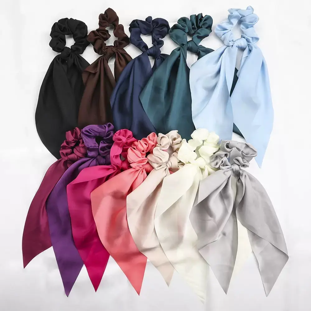 New Knotted Fluttering Ribbon Satin Large Intestinal Ring  Silky Smooth Square Scarf Hair Band Women's Ponytail Tie Hair