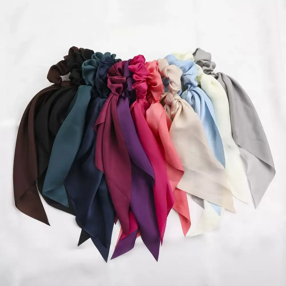 New Knotted Fluttering Ribbon Satin Large Intestinal Ring  Silky Smooth Square Scarf Hair Band Women's Ponytail Tie Hair