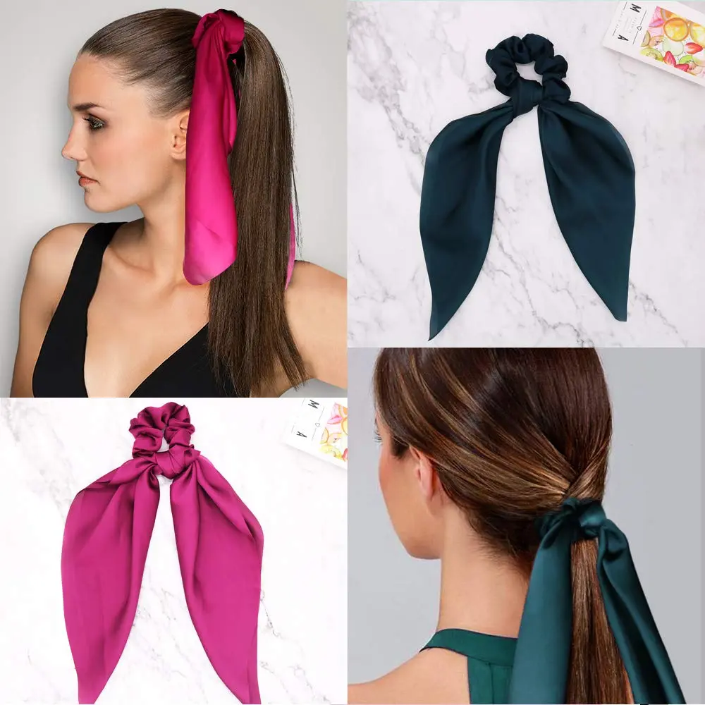 New Knotted Fluttering Ribbon Satin Large Intestinal Ring  Silky Smooth Square Scarf Hair Band Women's Ponytail Tie Hair