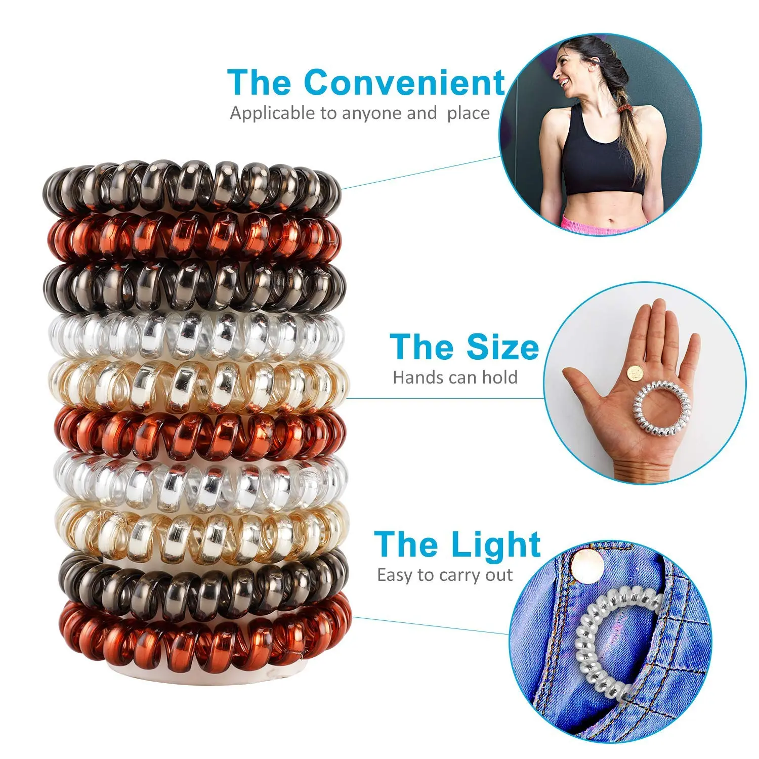 Spiral Hair Ties No Crease For Women Girls Thick Hair,Phone Cord Hair Ties Waterproof,Hair Coils, Key Chain Hair Ties