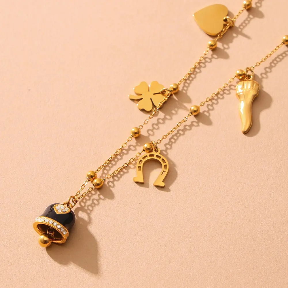 Nivora Lucky Clover Heart Small Bell Pendant Necklace Bracelet For Women Zircon Stainless Steel Chain Women Wedding Jewelry Gift