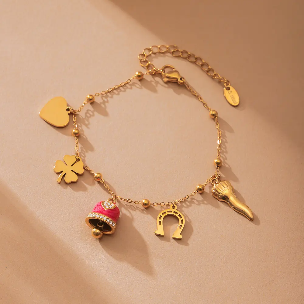Nivora Lucky Clover Heart Small Bell Pendant Necklace Bracelet For Women Zircon Stainless Steel Chain Women Wedding Jewelry Gift