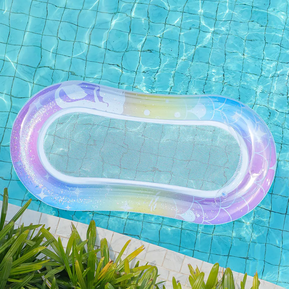 Mermaid Sequin Inflatable Floating Drainage Hammock - Net Seat Pool Float and Lounger for Beach, Lake and Spa Relaxation