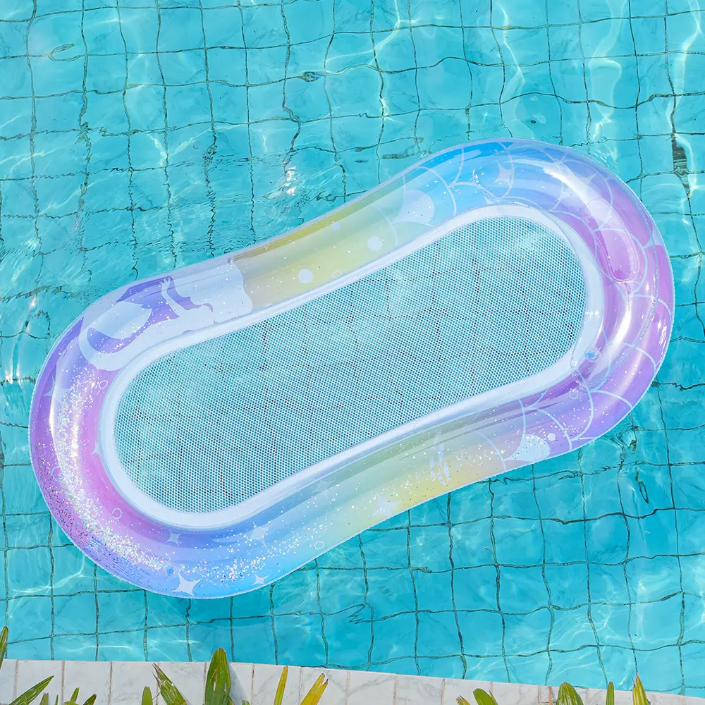 Mermaid Sequin Inflatable Floating Drainage Hammock - Net Seat Pool Float and Lounger for Beach, Lake and Spa Relaxation