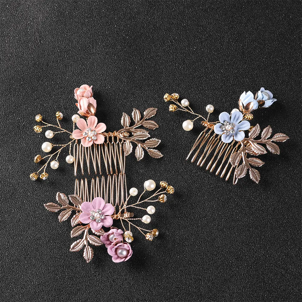 1PC Luxury Blue Pink Flower Hair Combs Headdress Prom Bridal Wedding Crown Hair Accessories Gold Leaves Hair Jewelry Hair Pins