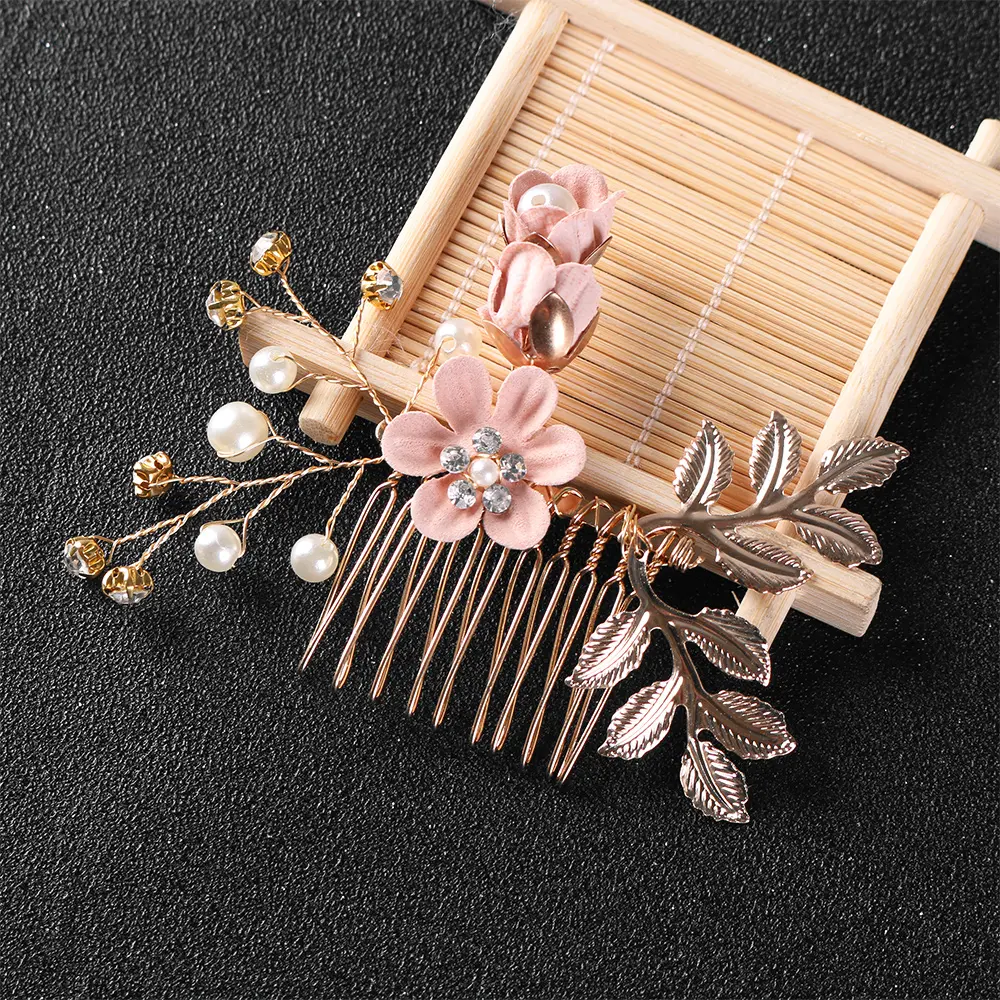 1PC Luxury Blue Pink Flower Hair Combs Headdress Prom Bridal Wedding Crown Hair Accessories Gold Leaves Hair Jewelry Hair Pins