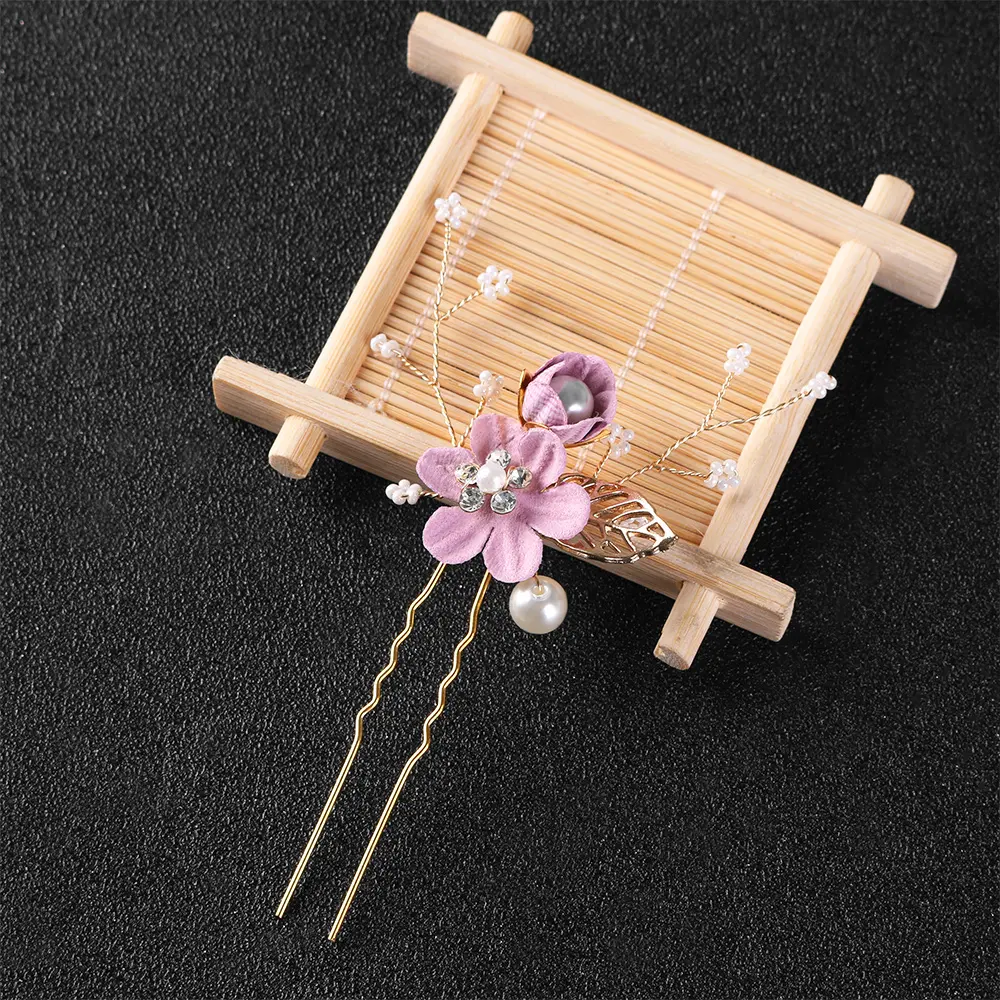 1PC Luxury Blue Pink Flower Hair Combs Headdress Prom Bridal Wedding Crown Hair Accessories Gold Leaves Hair Jewelry Hair Pins