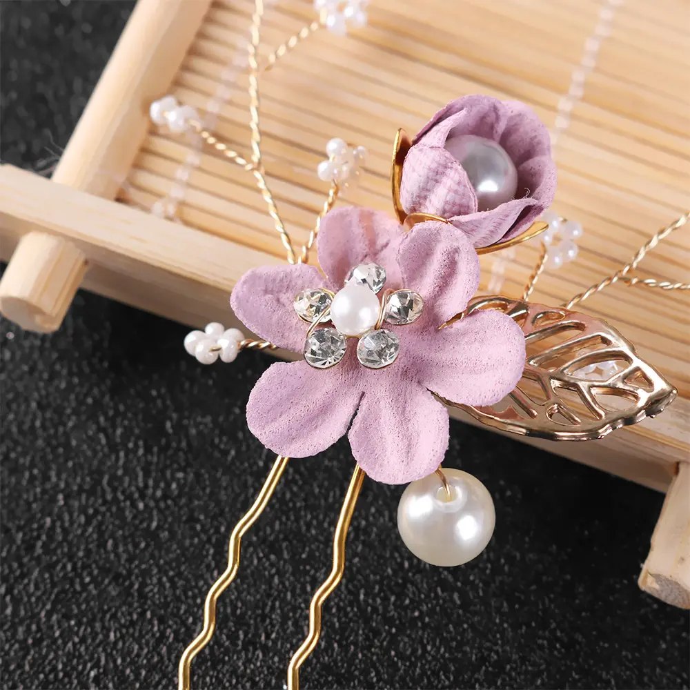 1PC Luxury Blue Pink Flower Hair Combs Headdress Prom Bridal Wedding Crown Hair Accessories Gold Leaves Hair Jewelry Hair Pins