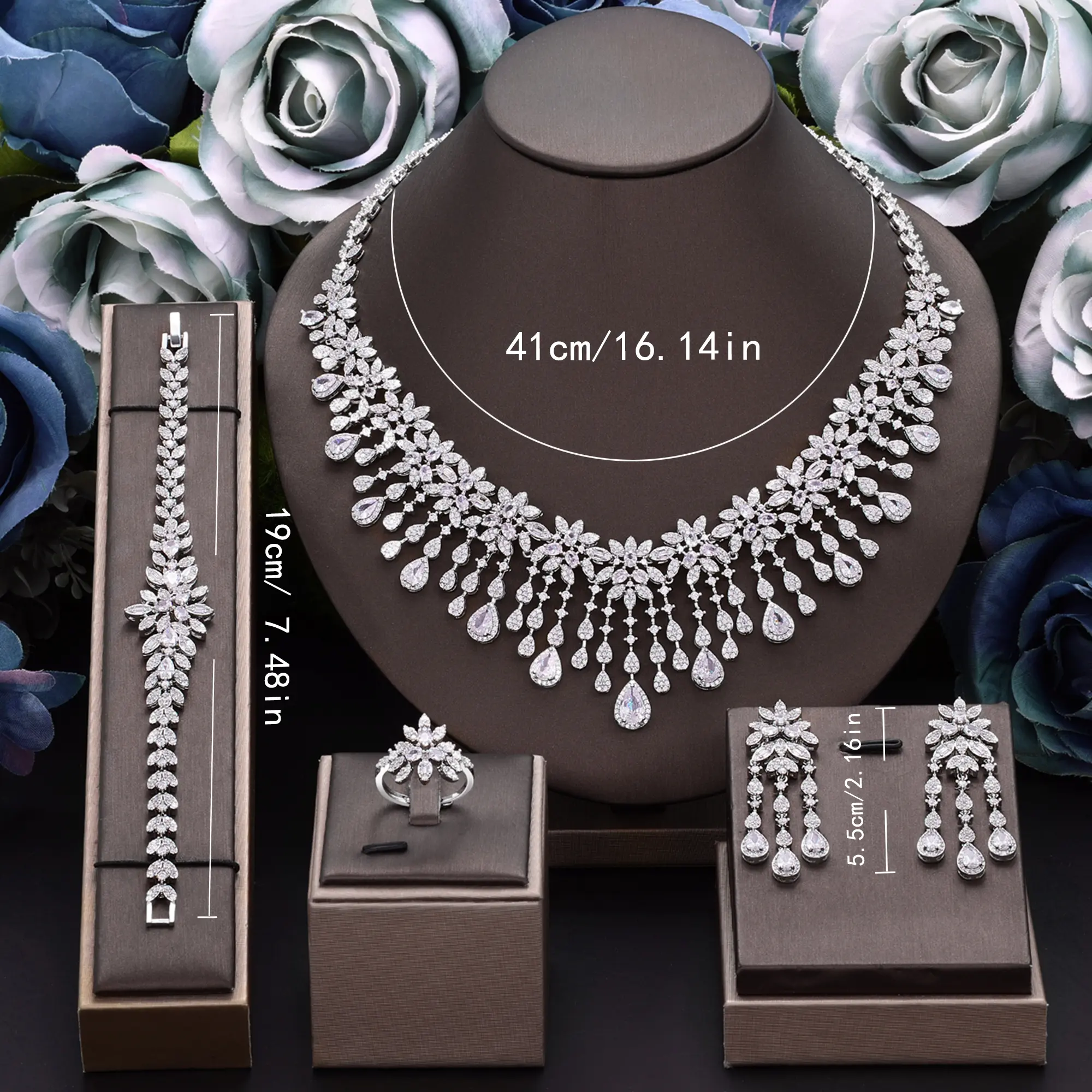 2024 Hot Sale 4 Pieces Super Luxury Cubic Zirconia Bridal Jewelry Set Nigeria Dubai Jewelry Set Bridal Accessories